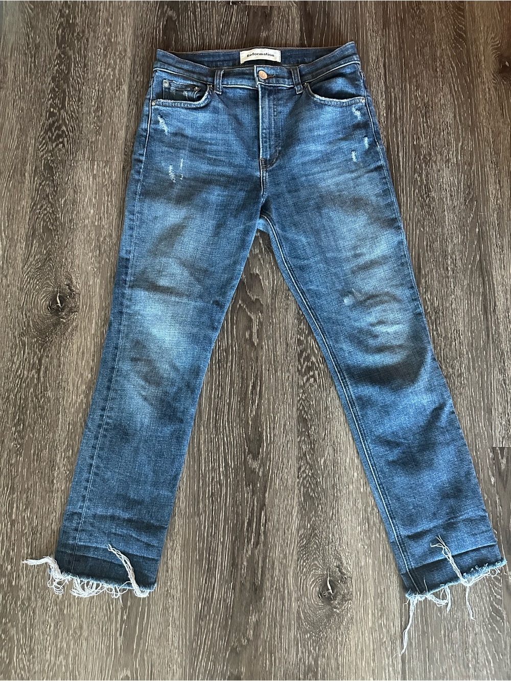 Reformation Blue Straight-Leg Jeans with Raw Frayed Hem